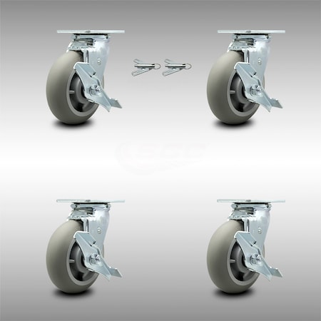 Service Caster 6 Inch SS Thermoplastic Caster Set with Ball Bearings 4 Brake 2 Swivel Lock SCC SCC-SS30S620-TPRBD-TLB-BSL-2-TLB-2
